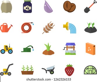 Color flat icon set flour flat vector, groats, ear, coffee beans, garlic, jam, Strawberry, well, tractor, shovel, hose, watering can, planting plants, irrigation, garden wheelbarrow, seedlings