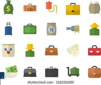 Color flat icon set flour flat vector, spaghetti on a fork, popcorn, fertilizer vectory, case, investments, wealth, medical warmer, briefcase, sport bag, suitcase fector, get luggage, hand, trolley