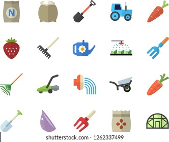 Color flat icon set flour flat vector, garlic, Strawberry, seeds, fertilizer vectory, carrot, tractor, sprinkling machine, pitchfork, shovel, rake, watering can, hose irrigation, garden wheelbarrow