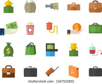 Color flat icon set flour flat vector, groats, spaghetti on a fork, popcorn, case, investments, wealth, bags, medical warmer, blood transfusion, briefcase, sport bag, luggage fector, suitcase, get
