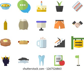 Color flat icon set flour flat vector, hot dog, cake, soup, fish, mustard, pancakes, home plant, mining, signboard, flipchart, chat, pill packaging, headache, caries, coffee, agreement, diet