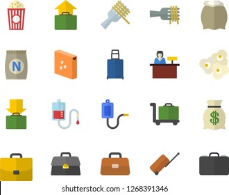 Color flat icon set flour flat vector, groats, spaghetti on a fork, popcorn, fertilizer vectory, case, wealth, medical warmer, blood transfusion, briefcase, luggage fector, get, hand, trolley