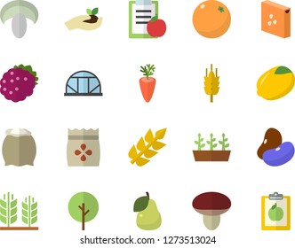 Color flat icon set flour flat vector, groats, legumes, lemon, mushroom, carrot, blackberry, pear, orange, seeds, ear, tree, seedlings, greenhouse, diet