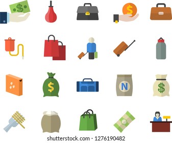 Color flat icon set flour flat vector, groats, spaghetti, on a fork, fertilizer vectory, investments, wealth, bags, medical warmer, briefcase, sports pear, sport bag, luggage fector, reception desk