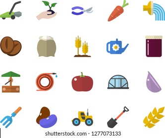 Color flat icon set flour flat vector, legumes, coffee beans, garlic, tomato, jam, ear, well, carrot, tractor, pitchfork, shovel, hose, secateurs, seedlings, watering can, irrigation, lawn mower