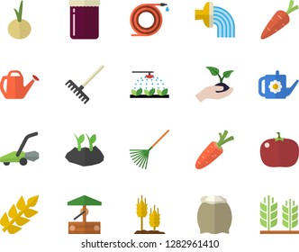 Color flat icon set flour flat vector, onion, tomato, jam, ear, well, carrot, sprinkling machine, hose, seedlings, rake, watering can, planting plants, irrigation, lawn mower