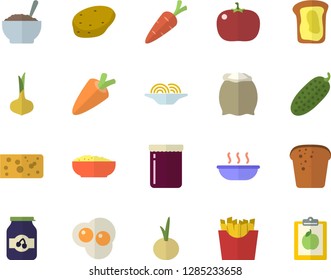 Color flat icon set flour flat vector, potato, onion, carrot, cheese, bread, spaghetti, soup, porridge, tomato, cucumber, French fries, scrambled eggs, jam, sandwich, diet