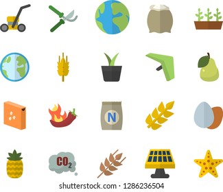 Color flat icon set flour flat vector, groats, ear, egg, hot peppers, pineapple, pear, fertilizer vectory, home plant, secateurs, seedlings, lawn mower, solar battery, earth, carbon dioxide