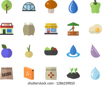 Color flat icon set flour flat vector, groats, mushroom, salad, garlic, onion, bell pepper, scrambled eggs, plum, seeds, well, tree, grain warehouse, planting plants, greenhouse, drop