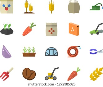 Color flat icon set flour flat vector, groats, coffee beans, garlic, seeds, ear, carrot, pitchfork, hose, secateurs, planting plants, seedlings, lawn mower, greenhouse, fertilizer vectory
