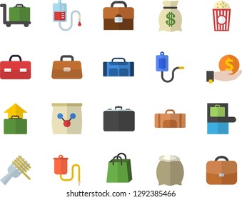 Color flat icon set flour flat vector, spaghetti on a fork, popcorn, fertilizer vectory, case, investments, wealth, bags, medical warmer, blood transfusion, briefcase, sport bag, hand luggage