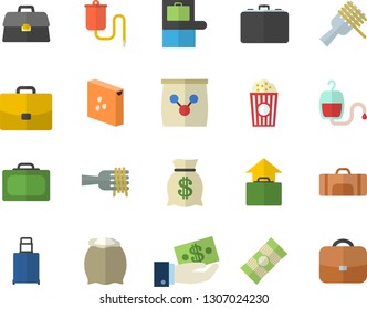 Color flat icon set flour flat vector, groats, spaghetti, on a fork, popcorn, fertilizer vectory, case, investments, wealth, medical warmer, blood transfusion, briefcase, sport bag, suitcase fector