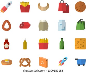 Color flat icon set flour flat vector, groats, ketchup, biscuit, pancakes, bagel, croissant, sausage, cheese, French fries, mustard, glass bottles, rocket, bags, grocery trolley vector