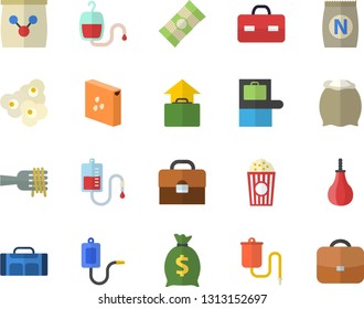 Color flat icon set flour flat vector, groats, spaghetti, on a fork, popcorn, fertilizer vectory, wealth, medical warmer, blood transfusion, briefcase, sports pear, sport bag, baggage claim fector