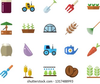 Color flat icon set flour flat vector, ear, coffee beans, garlic, jam, well, carrot, tractor, sprinkling machine, pitchfork, shovel, rake, watering can, seedlings, greenhouse