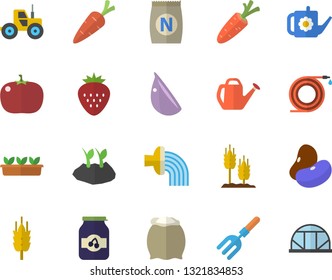 Color flat icon set flour flat vector, legumes, garlic, tomato, jam, Strawberry, ear, fertilizer vectory, carrot, tractor, pitchfork, hose, watering can, planting plants, irrigation, seedlings
