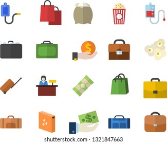 Color flat icon set flour flat vector, groats, spaghetti, popcorn, case, investments, bags, medical warmer, blood transfusion, briefcase, sport bag, luggage fector, suitcase, reception desk