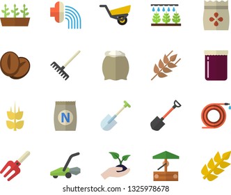 Color flat icon set flour flat vector, ear, coffee beans, jam, seeds, fertilizer vectory, well, sprinkling machine, pitchfork, shovel, hose, seedlings, rake, irrigation, garden wheelbarrow