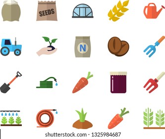 Color flat icon set flour flat vector, coffee beans, jam, seeds, fertilizer vectory, carrot, tractor, sprinkling machine, pitchfork, shovel, hose, seedlings, watering can, planting plants, ear