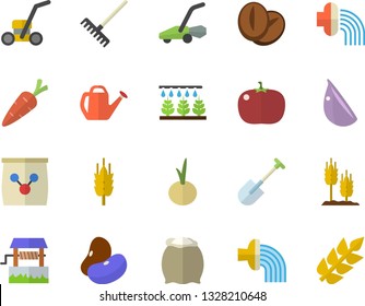 Color flat icon set flour flat vector, legumes, coffee beans, garlic, onion, tomato, ear, well, carrot, sprinkling machine, shovel, rake, watering can, hose irrigation, lawn mower
