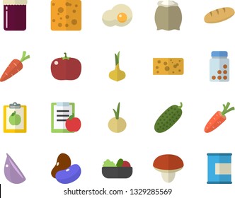 Color flat icon set flour flat vector, mushroom, legumes, onion, cheese, bread, salad, garlic, tomato, cucumber, scrambled eggs, jam, carrot, diet, vitamins, proteins