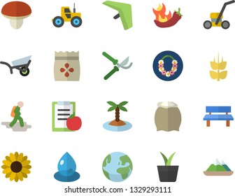 Color flat icon set flour flat vector, mushroom, hot peppers, ear, seeds, home plant, flower, tractor, secateurs, garden wheelbarrow, lawn mower, bench, drop, diet, earth fector, hike, hang glider