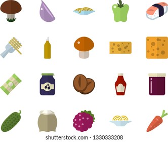 Color flat icon set flour flat vector, spaghetti, ketchup, cheese, on a fork, mushroom, coffee beans, garlic, bell pepper, cucumber, sashimi, jam, blackberry, mustard, carrot