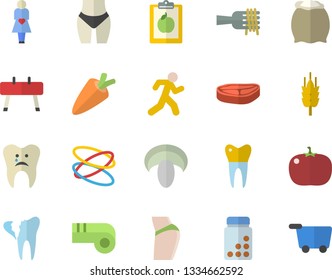 Color flat icon set flour flat vector, chop, carrot, spaghetti on a fork, mushroom, tomato, ear, gestation, caries, broken tooth, dental crowns, diet, buttocks, waistline, vitamins, run, hoop