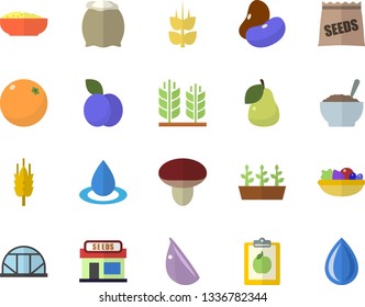 Color flat icon set flour flat vector, legumes, salad, porridge, garlic, plum, pear, ear, orange, mushroom, seeds, grain warehouse, seedlings, greenhouse, drop, diet
