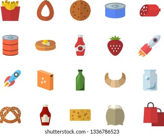 Color flat icon set flour flat vector, groats, ketchup, biscuit, pancakes, bagel, croissant, sausage, cheese, canned food, French fries, Strawberry, glass bottles, rocket, bags