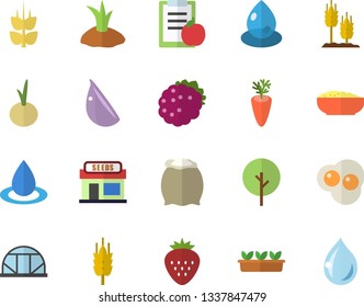 Color flat icon set flour flat vector, porridge, carrot, garlic, onion, scrambled eggs, Strawberry, blackberry, ear, tree, grain warehouse, planting plants, seedlings, greenhouse, drop, diet