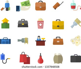 Color flat icon set flour flat vector, spaghetti on a fork, popcorn, case, investments, bags, medical warmer, blood transfusion, briefcase, sports pear, sport bag, luggage fector, hand