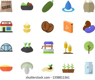 Color flat icon set flour flat vector, groats, legumes, mushroom, salad, porridge, coffee beans, cucumber, ear, seeds, well, tree, grain warehouse, seedlings, planting plants, greenhouse, drop