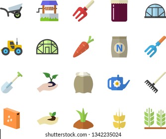 Color flat icon set flour flat vector, groats, jam, ear, fertilizer vectory, well, carrot, tractor, pitchfork, shovel, seedlings, rake, watering can, planting plants, garden wheelbarrow, greenhouse