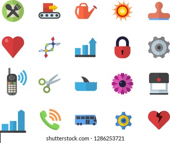 Color flat icon set flower flat vector, watering can, conveyor, cogwheel, chart, phone call, heart, dna, achievement, bus fector, sun, table setting, shark, scissors, stamp, lock