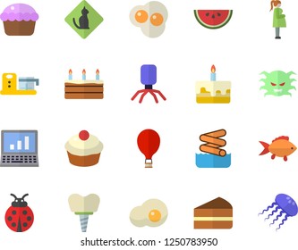 Color flat icon set food processor flat vector, fish, watermelon, cupcake, piece of cake, scrambled eggs, ladybird, virus, gestation, implant, computer, balloon fector, aquapark, pets allowed