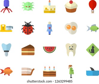 Color flat icon set food processor flat vector, fish, watermelon, cupcake, piece of cake, scrambled eggs, ladybird, virus, gestation, caries, implant, balloon fector, pets allowed, shark