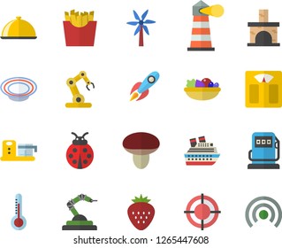 Color flat icon set food processor flat vector, dish, salad, French fries, Strawberry, mushroom, thermometer, windmill, ladybird, fireplace, refueling, robotics, lighthouse, rocket, target