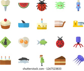 Color flat icon set food processor flat vector, watermelon, cupcake, piece of cake, fish, scrambled eggs, ladybird, virus, gestation, implant, pets allowed fector, shark, jellyfish