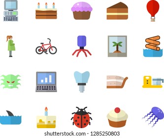Color flat icon set food processor flat vector, cupcake, piece of cake, ladybird, virus, gestation, implant, computer, bicycle fector, balloon, aquapark, photo, shark, jellyfish