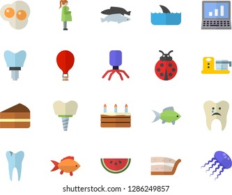 Color flat icon set food processor flat vector, fish, watermelon, piece of cake, scrambled eggs, ladybird, virus, gestation, caries, implant, computer, balloon fector, shark, jellyfish