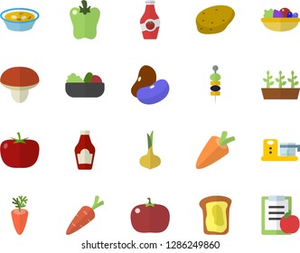 Color flat icon set food processor flat vector, mushroom, potato, tomato, ketchup, legumes, onion, carrot, salad, soup, bell pepper, canape, sandwich, seedlings, diet