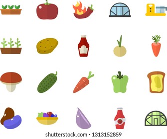 Color flat icon set food processor flat vector, mushroom, potato, ketchup, legumes, salad, carrot, garlic, onion, bell pepper, hot peppers, tomato, cucumber, sandwich, seedlings, greenhouse