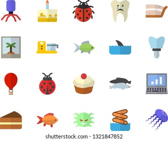 Color flat icon set food processor flat vector, fish, cupcake, piece of cake, ladybird, virus, caries, implant, computer, balloon fector, aquapark, photo, shark, jellyfish