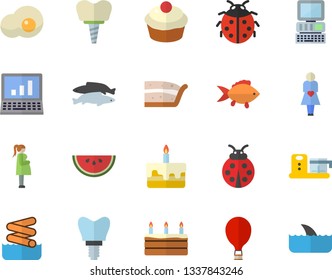 Color flat icon set food processor flat vector, fish, watermelon, cupcake, piece of cake, scrambled eggs, ladybird, gestation, implant, computer, balloon fector, aquapark, shark