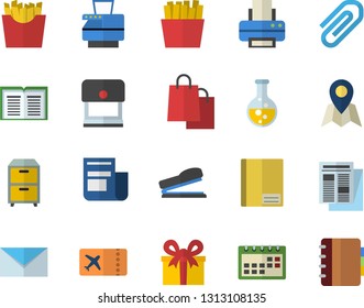 Color flat icon set French fries flat vector, chemistry, bags, news, present, calendar, notebook, clip, printer, copy machine, archive, stapler, mail, ticket fector, location, stamp, book