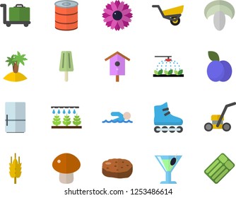 Color flat icon set fridge flat vector, canned food, mushroom, cutlet, ice cream, cocktail, plum, ear, nesting box, flower, sprinkling machine, garden wheelbarrow, lawn mower, roller Skates
