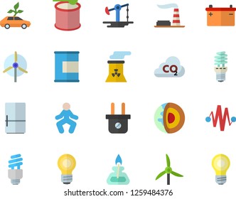 Color flat icon set fridge flat vector, oil pumping, windmill, factory, accumulator, plug socket, energy saving lamp, eco cars, carbon dioxide, bulb, fector, gas burner, nuclear power plant
