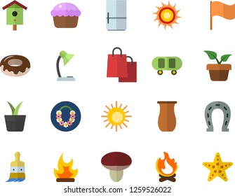 Color flat icon set fridge flat vector, jugful, cupcake, donut, mushroom, nesting box, home plant, horseshoe, paint brush, bonfire, flag, bags, reading lamp, skateboard, sun fector, hawaiian wreath