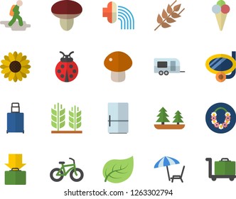 Color flat icon set fridge flat vector, ear, mushroom, ice cream, flower, ladybird, hose irrigation, tree leaf, forest, bicycle, trailer fector, hike, get luggage, chaise lounge, hawaiian wreath